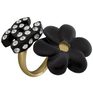 Chanel CC Logo Rhinestone Ring Camellia Motif Gold Plated Black Gold Black